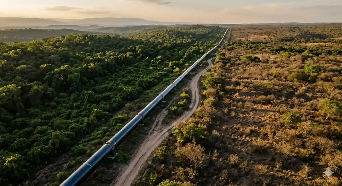 Vista aérea de gasoducto cruzando el paisaje boliviano entre el Chaco y la Amazonía al atardecer